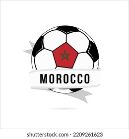 Soccer ball minimal design with Morocco flag. Flag of Morocco in a soccer ball with the text Morocco on the ribbon. Vector illustration eps10