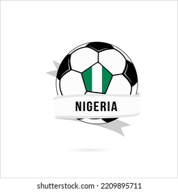 Soccer ball minimal design with Nigeria flag. Flag of Nigeria in a soccer ball with the text Nigeria on the ribbon. Vector illustration eps10