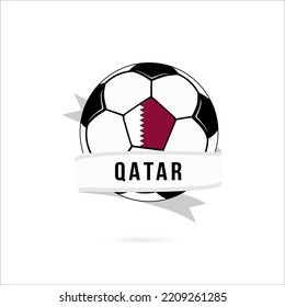 Soccer ball minimal design with Qatar flag. Flag of Qatar in a soccer ball with the text Qatar on the ribbon. Vector illustration eps10