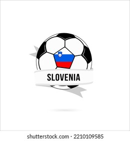 Soccer ball minimal design with Slovenia flag. Flag of Slovenia in a soccer ball with the text Slovenia on the ribbon. Vector illustration eps10