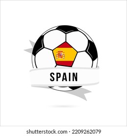 Soccer ball minimal design with Spain flag. Flag of Spain in a soccer ball with the text Spain on the ribbon. Vector illustration eps10