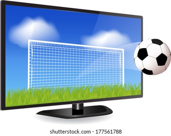 Soccer ball in motion flying off Smart Tv screen 