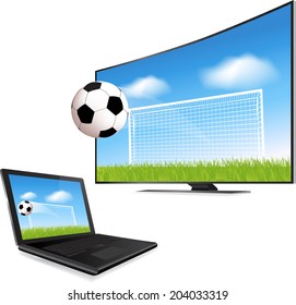 Soccer ball in motion flying off Smart Tv screen 