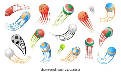 Soccer ball motion. Football logo of kick speed goal. Shoot silhouette. Abstract score trail. Flying play spheres with curved tracks. Game competition. Vector sport emblem elements set