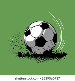 Soccer ball in motion on a green background. Speed lines suggest rapid movement. Ideal for sports related assets.