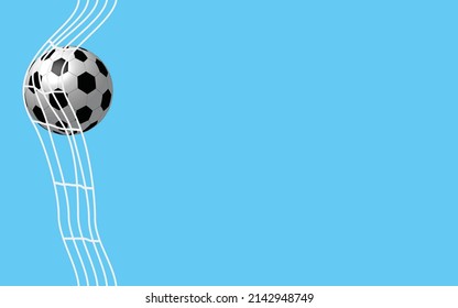 soccer ball moves the nets of the soccer goal on light blue background