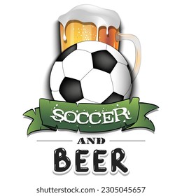 Soccer ball with mug of beer. Pattern for banner, poster, greeting card, party invitation, signboard, menu pub. Vector illustration