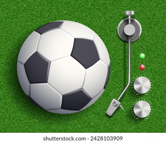 Soccer ball with music vinyl player on the soccer field. Stock vector illustration