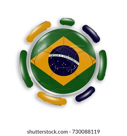 Soccer ball with the national flag of Brazil. Modern emblem of soccer team. Realistic vector illustration.