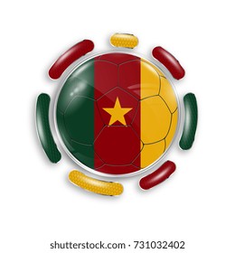 Soccer ball with the national flag of Cameroon. Modern emblem of soccer team. Realistic vector illustration.