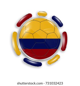 Soccer ball with the national flag of Colombia. Modern emblem of soccer team. Realistic vector illustration.