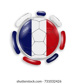 Soccer ball with the national flag of France. Modern emblem of soccer team. Realistic vector illustration.