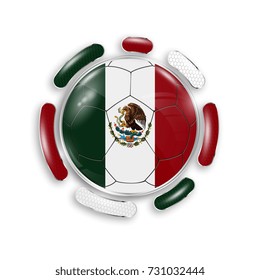 Soccer ball with the national flag of Mexico. Modern emblem of soccer team. Realistic vector illustration.