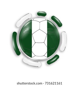 Soccer ball with the national flag of Nigeria. Modern emblem of soccer team. Realistic vector illustration.