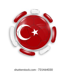 Soccer ball with the national flag of Turkey. Modern emblem of soccer team. Realistic vector illustration.