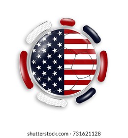 Soccer ball with the national flag of USA. Modern emblem of soccer team. Realistic vector illustration.