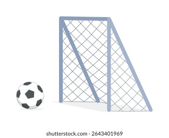 Bola de futebol perto de um poste de gol sobre um fundo branco estilo de ilustração