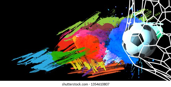 Soccer Ball In Net   with Background Colorful watercolor stains collection -Vector