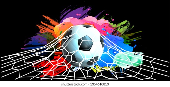 Soccer Ball In Net   with Background Colorful watercolor stains collection -Vector
