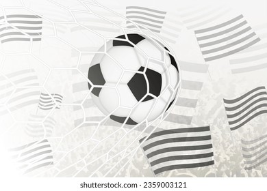 Soccer ball in the net with the black and white football club flag on background. Sport illustration.