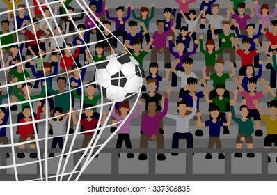 soccer ball in net with crowd on grandstand. vector