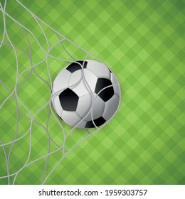Soccer ball in a net of soccer gates on the background of a green lawn - Vector illustration