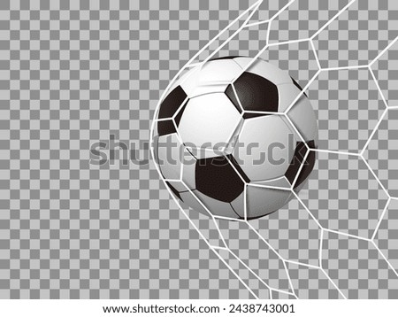 Soccer ball in net isolated, realistic soccer ball hitting the net, football ball in goal net on a transparent background
