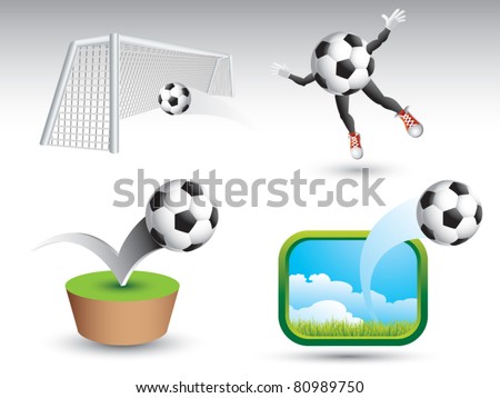 Soccer ball in net, soccer mascot, soccer ball bouncing, and soccer ball soaring through air on white backdrop