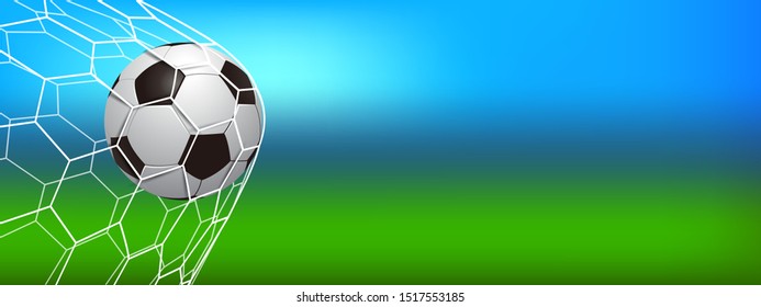 Soccer ball in the net, mesh, football ball in goal, soccer ball on the field background, template banner for posters of football or soccer games, championships, tournaments – stock vector