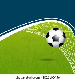Soccer ball in net on grass field - football flyer background - goal template