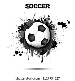 Soccer ball on the background of the blots of paint. Football banner with splashes of ink. Vector illustration