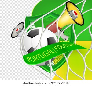 Fußball auf dem Hintergrund der Flagge Portugals. Ein Band in Form der Flagge von Portugal mit einem Fußball in der Mitte.