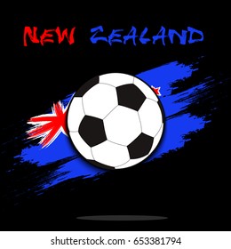 Soccer ball on the background of the New Zealand flag in grunge style. Vector illustration