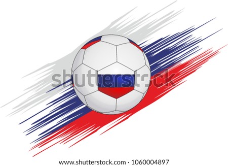 Soccer ball on the background of streaks in the form of the Russian flag.