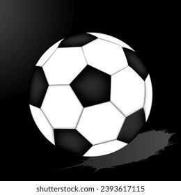 Soccer ball on black background vector illustration. Sport game equipment.