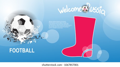 Soccer ball on blue background. Lettering welcome to Russia.World of Russia modern and traditional elements, 2018 trend templates.