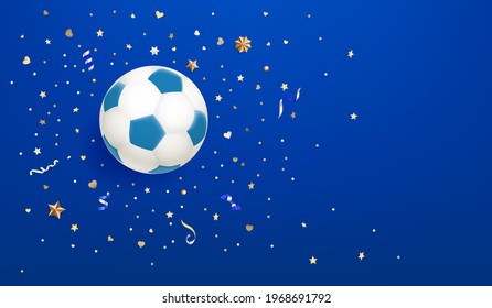 Balón de fútbol de fondo azul con confeti. Composición horizontal