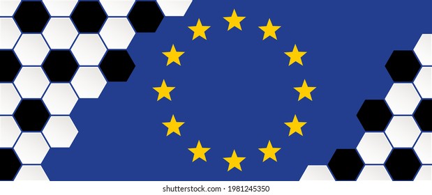Soccer ball on blue background with the flag of europe. Football net pattern. Vector wk, ek banner. Sports game. Honeycomb cells hexagon pattern. Blue background. Soccer foot ball 2020, 2021, 2022