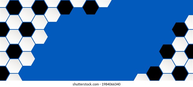 Soccer ball on blue background. Color of italy ( azure blue ) . Football net pattern. Flat vector wk, ek banner. Sports game. Honeycomb cells hexagon pattern. Soccer foot ball. playground