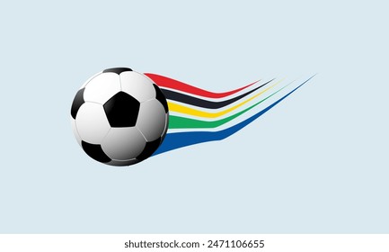 Una pelota de fútbol sobre un fondo azul con un tren de colores detrás. Juegos de verano 2024. Ilustración vectorial.