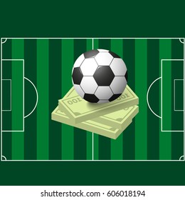 A soccer ball on a bundle of banknotes. Monetary bets in sport - a football tote. Penalty area. Volumetric soccer ball.