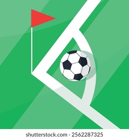 Soccer ball on the corner of the field with red flag. Corner kick concept. Vector illustration.