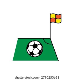 Soccer ball on the corner kick area with lines and linesman flag, vector illustration isolated on white background. Eps 10.