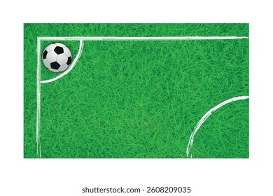Soccer ball on the corner, Soccer ball on the out line of the football field. Football Field. Green grass field.