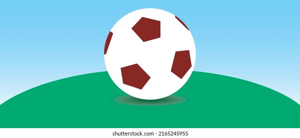 Soccer ball on field. Flat vector stock illustration. Green field and sky. Close-up ball