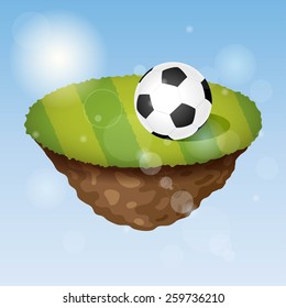 Soccer ball on field of floating planet/island.