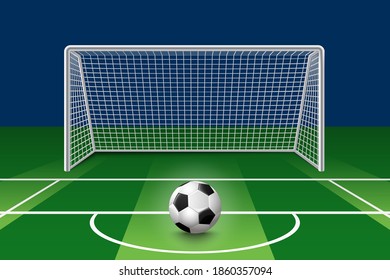 Soccer ball on field front of goal