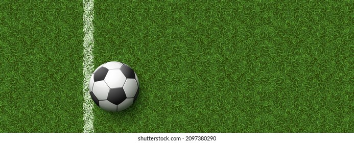 Soccer Ball On Field With Green Grass And White Line. Vector Realistic Background With Texture Of Stadium Floor Surface, Lawn Court For Football, Top View Of Sport Playground
