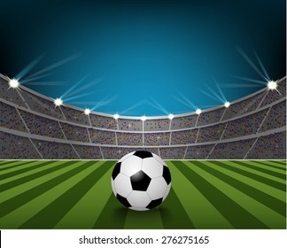 Soccer ball on the field of stadium with light. vector