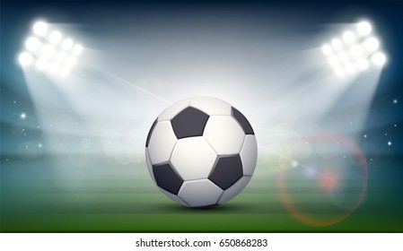 Soccer ball on the field of the stadium. Sports background illuminated by searchlights. Stock vector illustration.